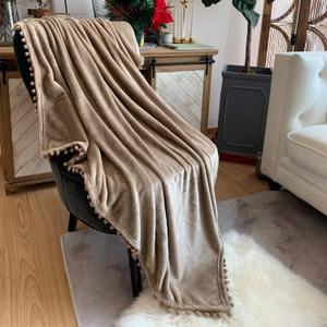 LOMAO Flannel Blanket with Pompom Fringe Lightweight Cozy Bed Blanket Soft Throw Blanket fit Couch Sofa Suitable for All Season(Khaki, 54''x 80'')