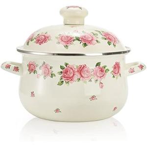 SOUJOY Enamel Stockpot with Lid, 2.8 Quart Retro Cooking Pot, Vintage Floral Stew Bean Simmer Pot with Handle, Kitchen Soup Pot, Safe for Induction Cookers, Gas Stove