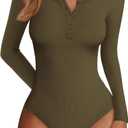 PRETTYGARDEN Long Sleeve Bodysuits for Women 2026 Ribbed Knit Henley Button Up Slim Fitted Basic Tops Spring Fashion Clothing M