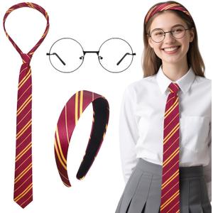 VEKDA Wizard Costume Accessories Burgundy and Yellow Striped Headband,Tie, and Round Glasses Halloween Party Cosplay Set Women 3PCS