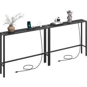 2 Pack Narrow Console Sofa Table with Charging Station, Skinny Behind Couch Table, 39.4" L x 5.9" W x 31.5" H, Long Entryway Tables for Living Room, Hallway, Foyer, Black CTBK968E01S2 (Black)