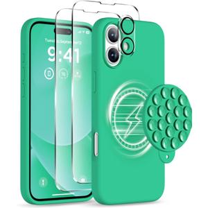 Magnetic for iPhone 16 Case, Compatible with Magsafe, Suction Cup Phone Mount, [2 Screen Protectors][Camera Lens Protector] Silicone Shockproof Protective Slim Phone Cover 6.1", Emerald Green