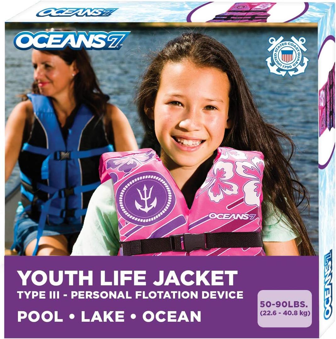 Oceans 7 US Coast Guard Approved Life Jacket for Infant, Kids, Youth,  Type II & III Vest, Personal Flotation Device (Pink/Berry: 50-90 lbs)