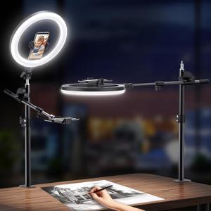 Ring Light with Stand and Phone Holder, Overhead Phone Mount, Phone Stand for Recording, 11 Circle LED Ring Light for Desk with Clamp for Live Streaming, Video Recording, Meeting, TikTok, YouTube