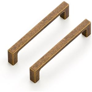 Ravinte 10 Pack Solid 4 Inch Kitchen Square Cabinet Handles Antique Brass Pulls Drawer Pulls Kitchen Cabinet Hardware Handles (4" Hole Center)