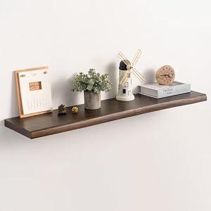 Realgulf Live Edge Floating Shelf, 40 Inch Rustic Solid Elm Wood - Walnut Brown Finish with Invisible Brackets, Wall Mounted for Living Room, Kitchen, Bathroom