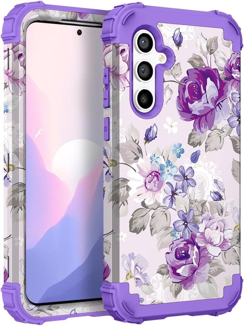 Hocase for Galaxy S25 Case, Shockproof Heavy Duty Protection Soft Silicone Rubber Bumper+Hard Plastic Hybrid Protective Case for Samsung Galaxy S25 5G (6.2") 2025 - Lavender Flowers