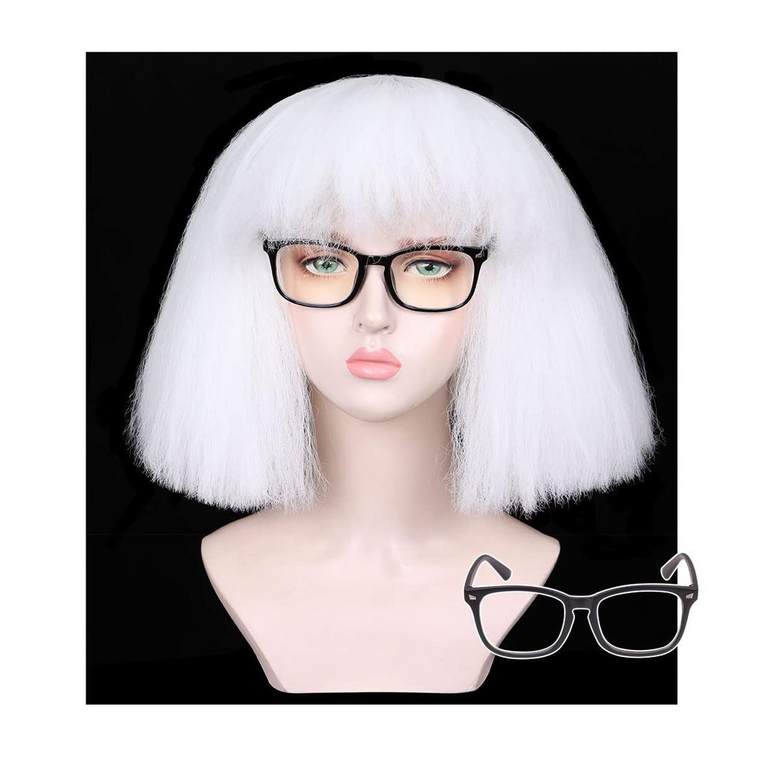 ColorGround Short White Cosplay Wig with Glasses for Halloween