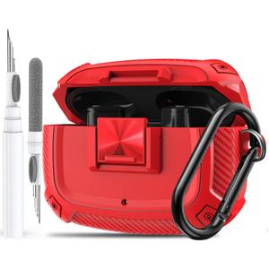 For Beats Studio Buds/Bud + Case Cover with Lock Clip 2021/2023, Rugged Shockproof Protective Hard Skin with Carabiner&Cleaner Pen Men Women for Beat Studio Buds/Bud Plus Earbuds - Red