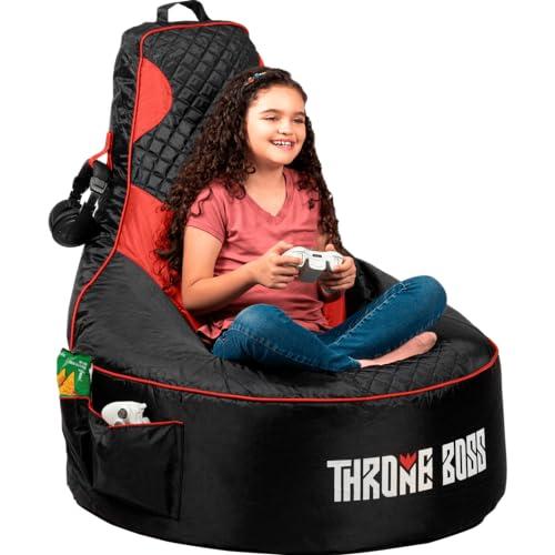 Throne Boss Gaming Bean Bag Chair for Kids [Cover ONLY No Filling] - High Back Beanbag for Boys, Girls, and Gamers with Cup Holder (Black/Red)
