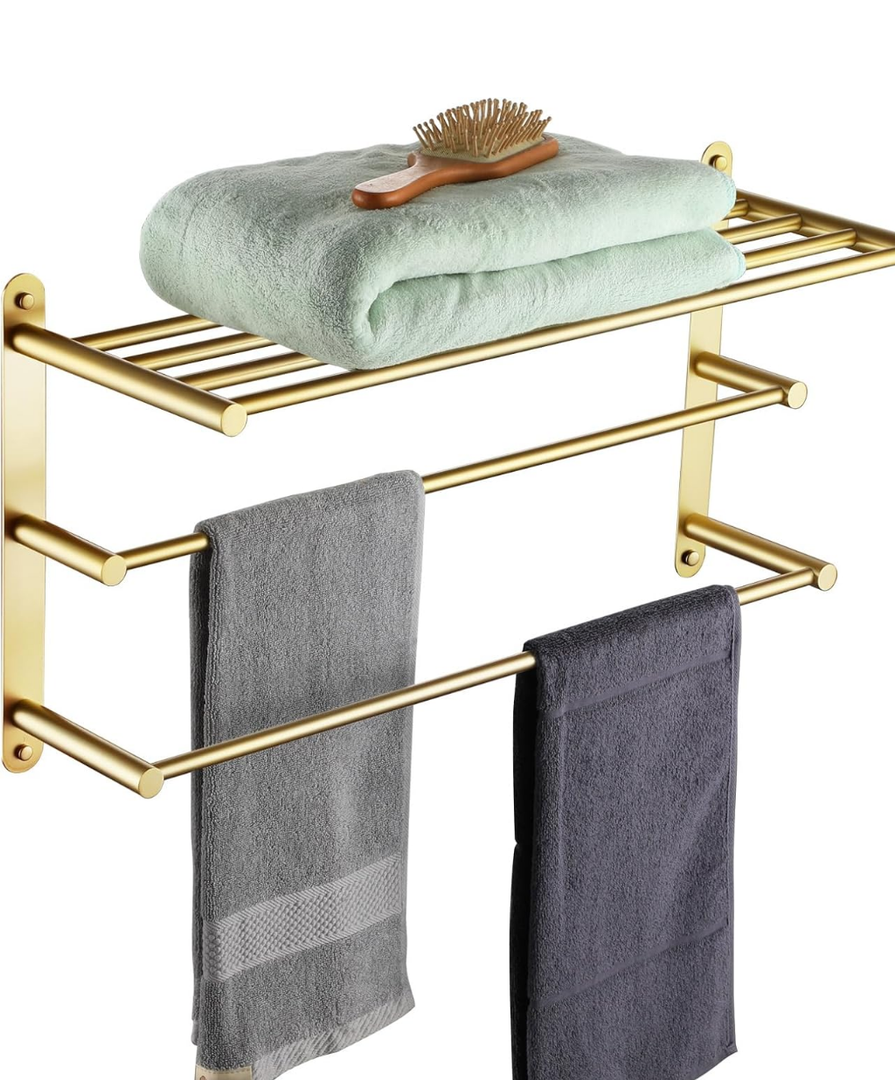 KOKOSIRI 3 Tier Bath Towel Rack 24 Inch Wall Mounted Rack with Towel Bars Towel Shelf with Single Towel Bar Bathroom Ladder Brushed Gold B5003BG