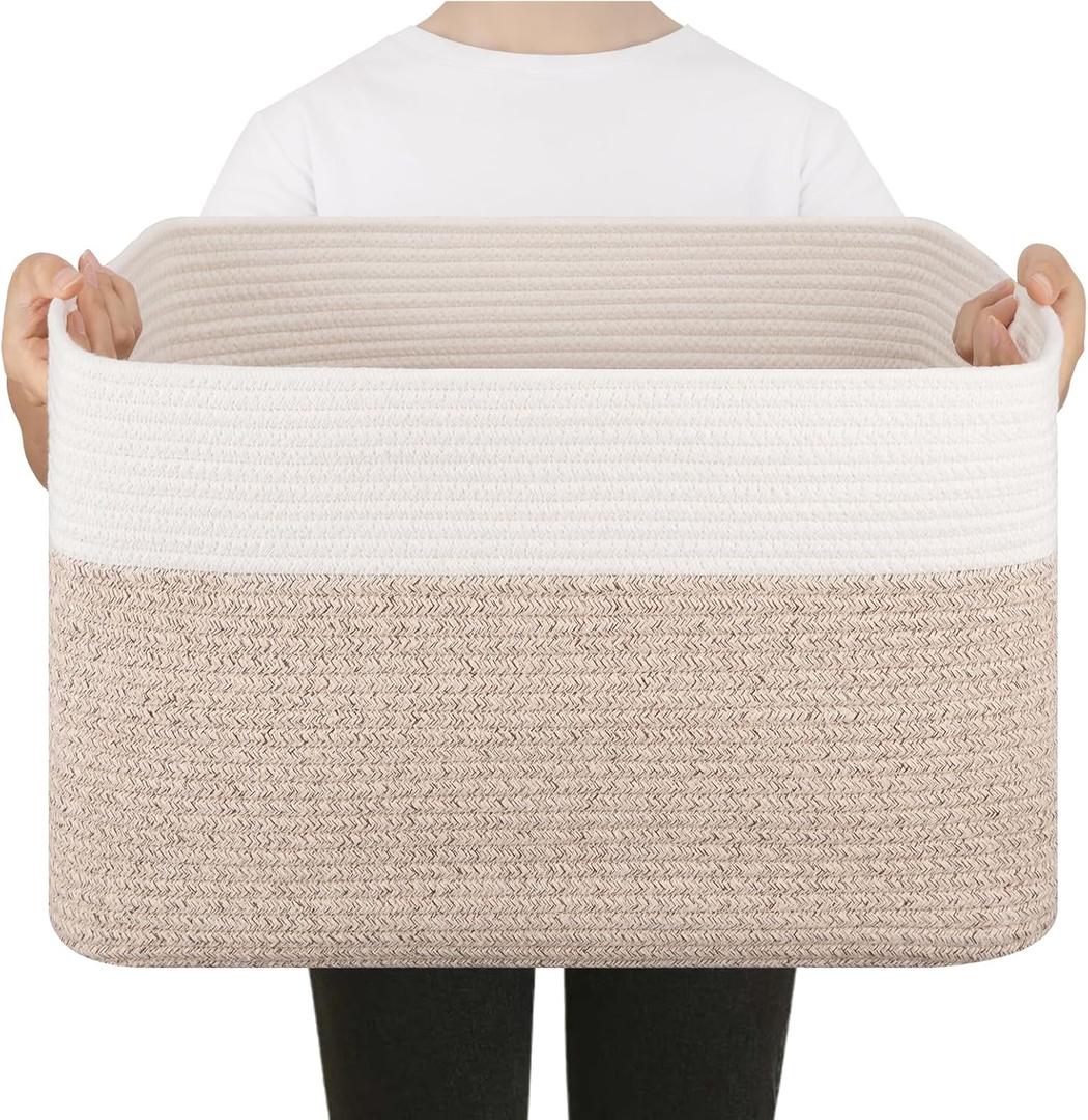 Blanket Basket, Cotton Rope Woven Storage Basket for Living Room, Toy Bin for Kids, Nursery, Baby Room Decorative Organizer, 18''14''12'', Brown & White (50L)
