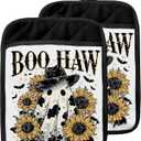 Vintage Western Halloween Pot Holders with Pockets, Rustic Sunflower Cowboy Ghost Halloween Oven Pot Holders Heat Resistant Oven Mitts Hot Pads for Kitchen Baking Cooking