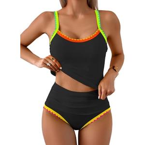 Eomenie Tankini Swimsuit for Women Tummy Control Ruched Two Piece Bathing Suits High Waisted Shell Stitch Swimwear M