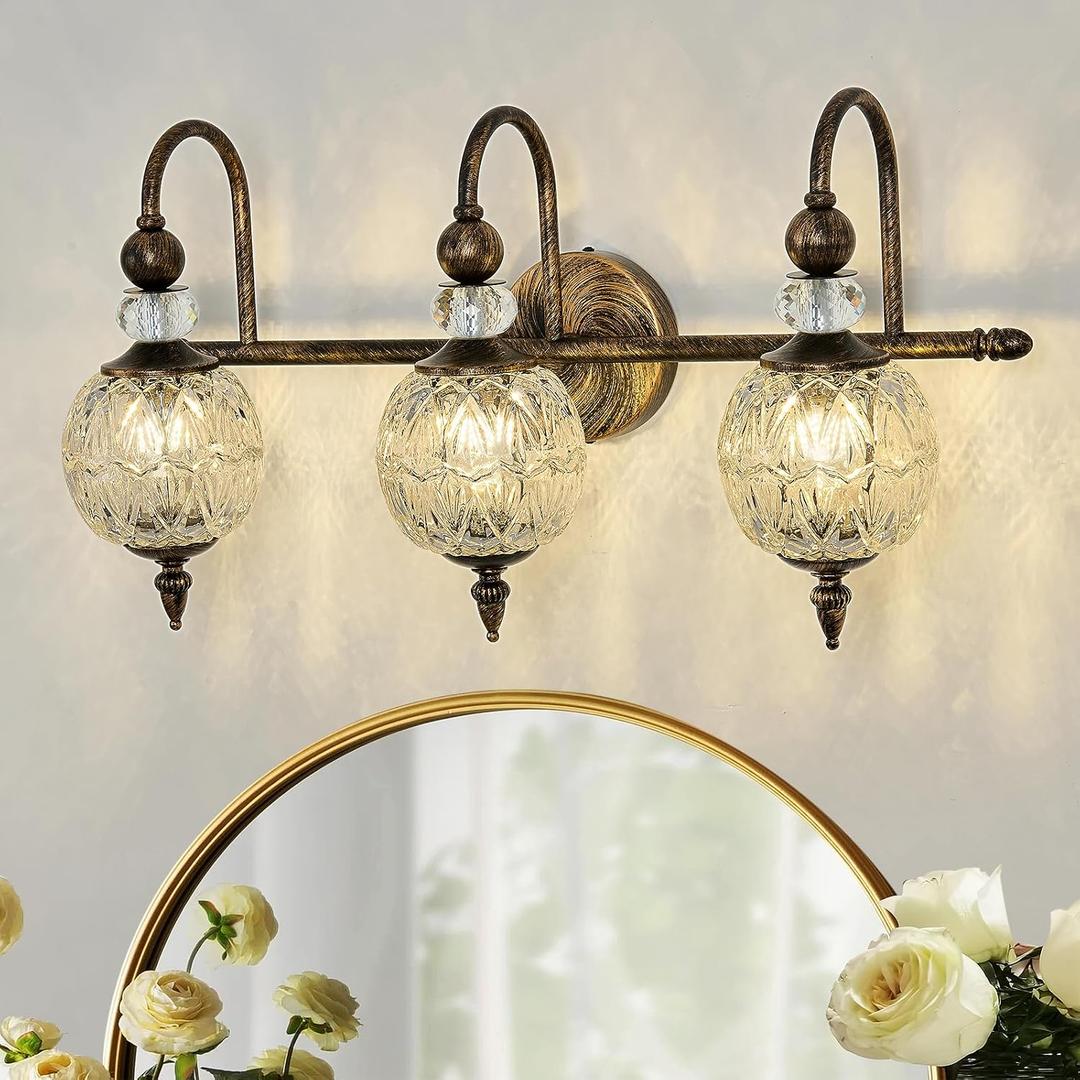 Piepooye Vintage Bathroom Light Fixtures Bronze Vanity Light with Glass Globe LampShade 3 Lights Mid Century G9 Bulb Wall Sconce Indoor Vanity Light Over Mirror for Bedroom Farmhouse Hallway