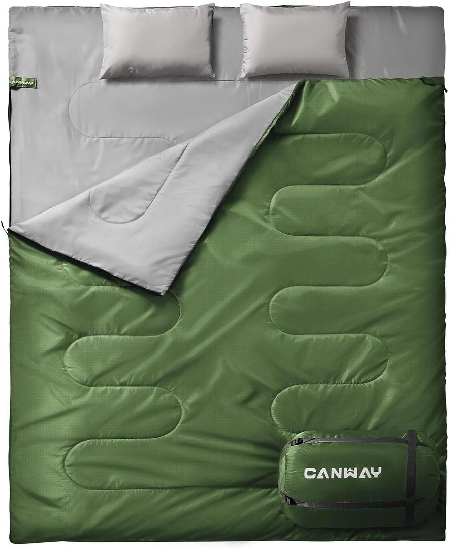 CANWAY Double Sleeping Bag Flannel for Adults Cold Weather Queen Size Two Person Sleeping Bags for Camping with 2 Pillows (Army Green)