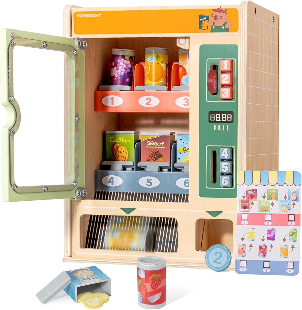 TOPBRIGHT Wooden Vending Machine Play Set for Preschoolers 3+, Kids Pretend Play Toy for Boys and Girls with Snack Bars, Drink Cans & Coins