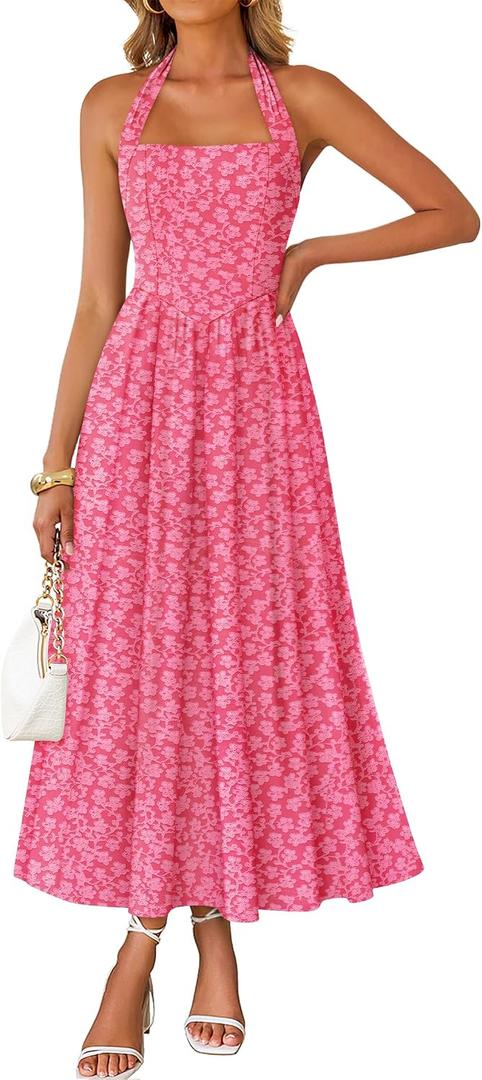 ZESICA Women's Summer Sleeveless Floral Wedding Guest Maxi Dress | Halter Neck, Flowy A Line, High Waist, Long Dress, Cocktail Party, Beach Vacation, Graduation, Bridal Shower, 2026 Fanshion