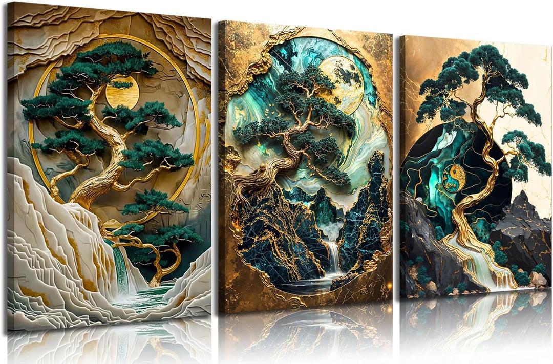 3pcs Green And Gold Landscape Canvas Wall Art Abstract Scape Pine Trees Wall Decor Pictures Modern 3d Visual Effects Posters Prints for Living Room Bedroom Office Home Decoration Prepare To Hang