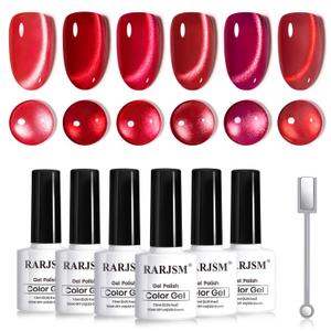 RARJSM Red Cat Eye Gel Nail Polish Set 6 Pcs Smoothie Ceramic Silver White Glitter Shimmer Burgundy Cherry Dark Wine Red Velvet Diamond Cateye Gel Polish with Magnetic Stick Soak off Curing Require