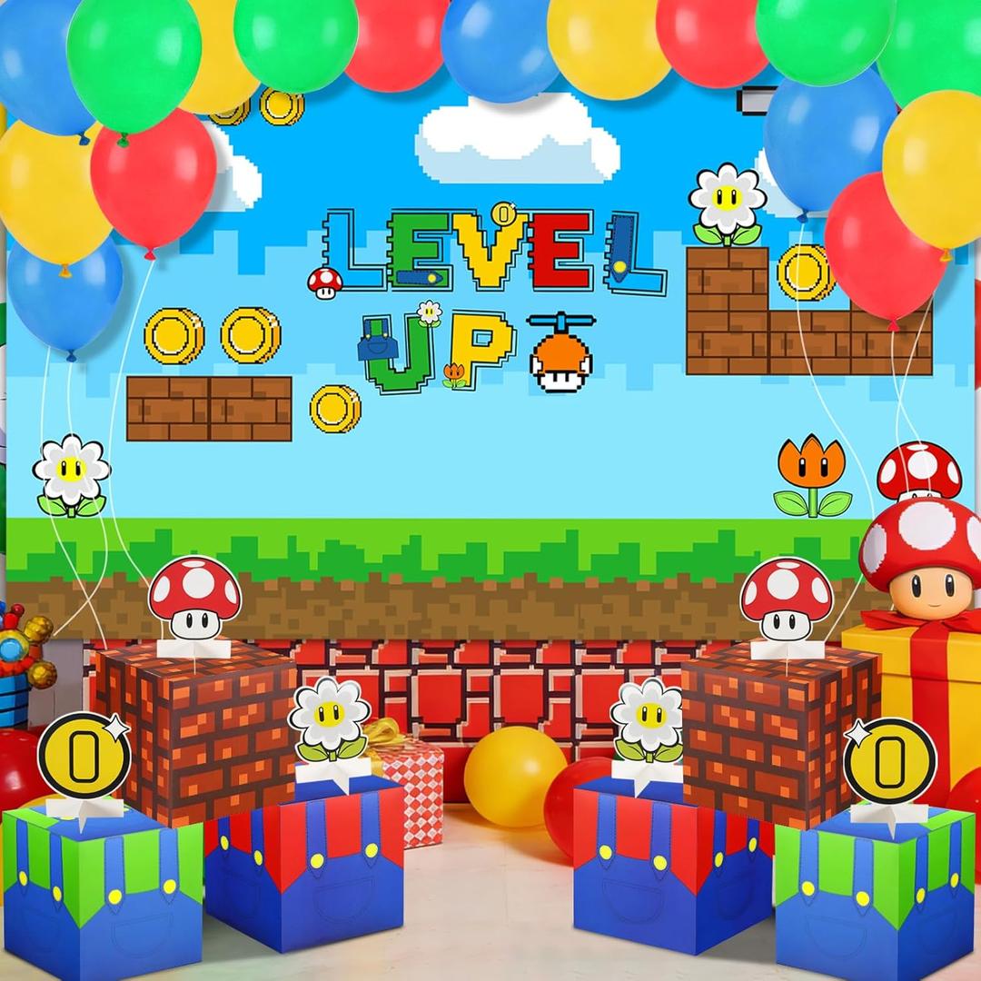 33Pcs Super Bros Birthday Party Supplies,Super Brother Themed Party Decoration Includes Backdrop, Balloons,Card slot, box for Video Games Themed Birthday Party Decor
