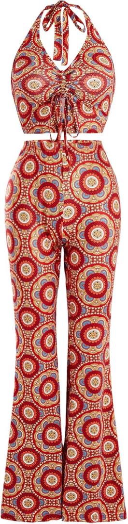 Verdusa Women's 2 Piece Outfits Drawstring Crop Halter Top and Wide Leg Pant Sets (Medium, Red)