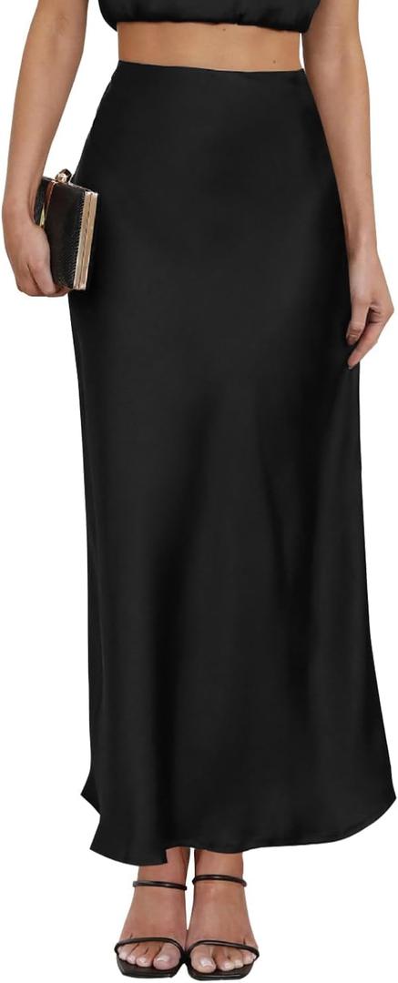 Women's Satin Maxi Skirt High Waisted Elastic Waistband Silk A-Line Casual Party Leopard Print Long Skirts for Women (Black, XS)
