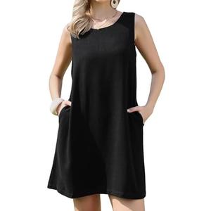 Allegra K Sleeveless Linen Shift Dress for Women's Summer Casual Crew Neck Beach Vacation Clothes with Pockets, Size S, Black