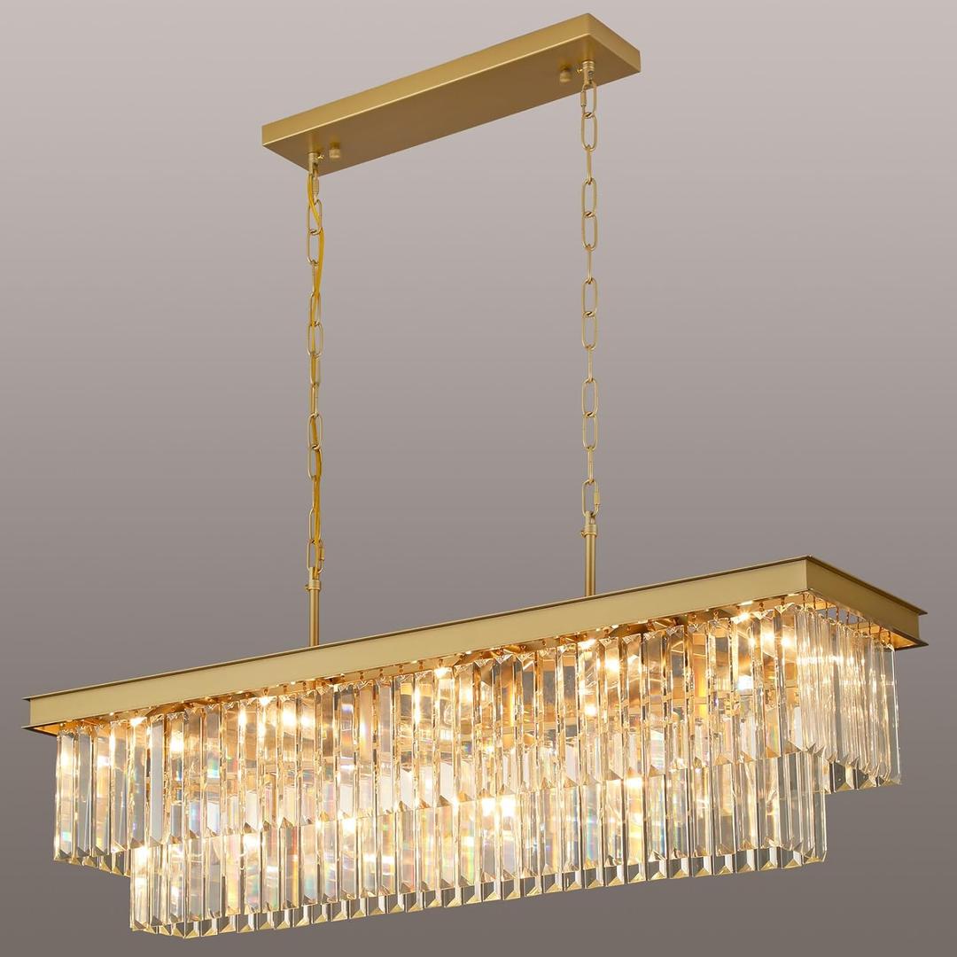 Crystal Chandeliers for Dining Room Light Fixtures Over Table15-Lights Gold Modern Rectangle Chandeliers for Kitchen Island Bar