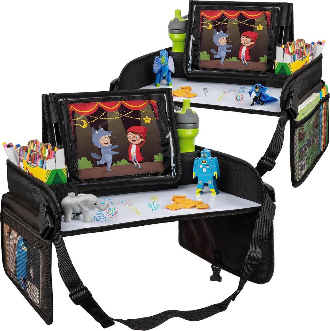 Lusso Gear Kids Lap Desk Tray (Value 2 Pack) - Mesh Pockets & Cup Holder for Car Travel Essentials - Car Seat Tray for Kids Travel & Tablet Holder - Dry-Erase Surface for Road Trip Activities - Black