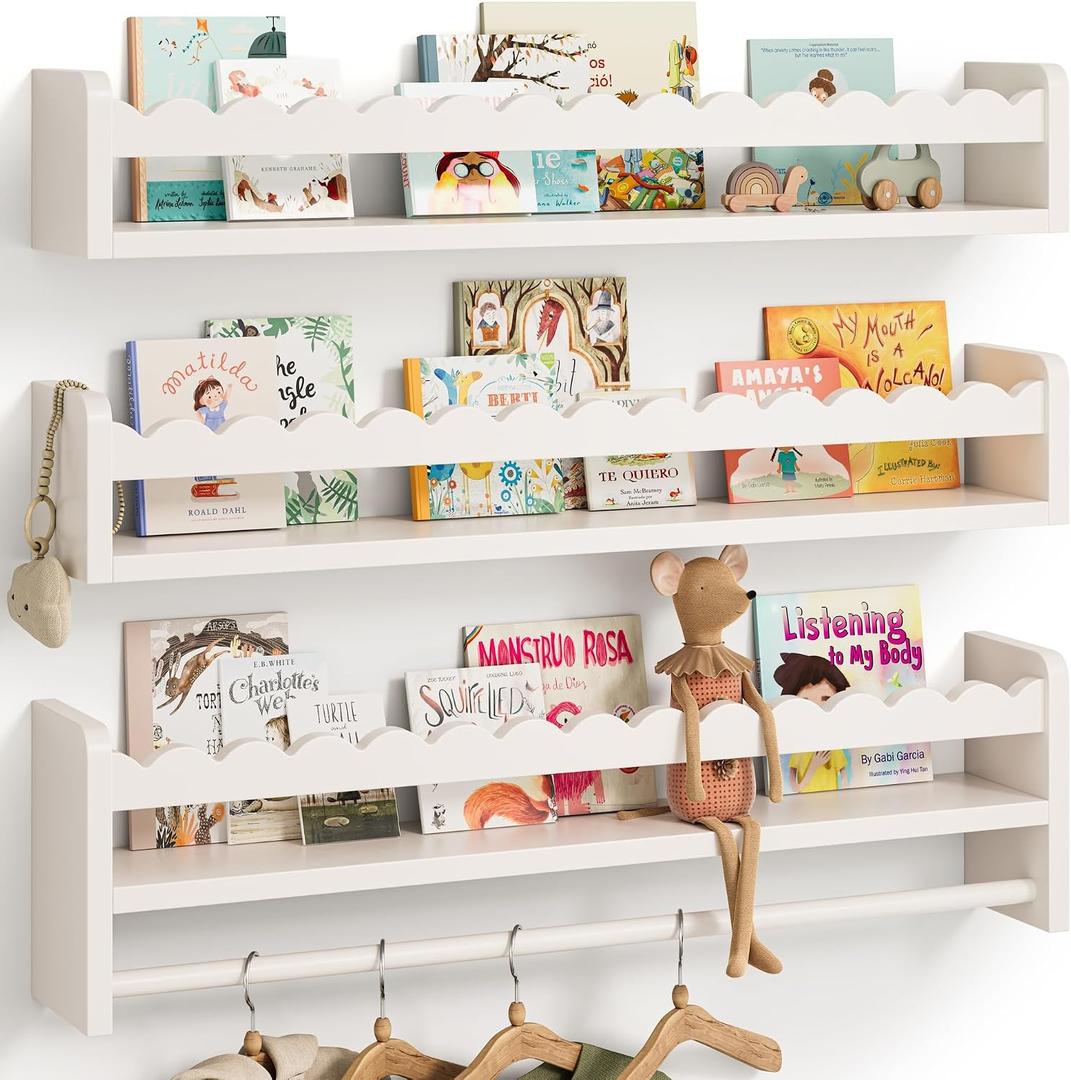 Seocry Nursery Book Shelves, Scalloped Shelves, Floating Book Shelves for Wall, Nursery Deocr for Baby, Toddler (White, 23 Inches)