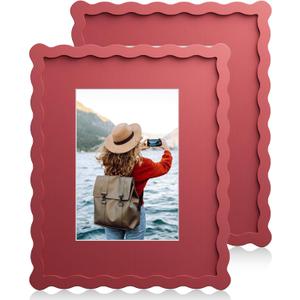 8X10 Wavy Picture Frame With Mat For 5x7, Wavy Edge Wooden Picture Frame with Real Glass - Wall Mount and Tabletop Display, Red, 2 Pack
