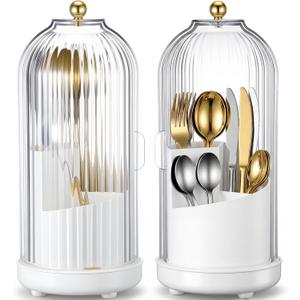 2 Pack 360 Rotating Silverware Organizer, Utensil Holder with Lid for Kitchen Counter, Silverware Caddy with Drainage Dustproof Flatware Holder for Cutlery Spoon Fork Storage, White(3 Slot)