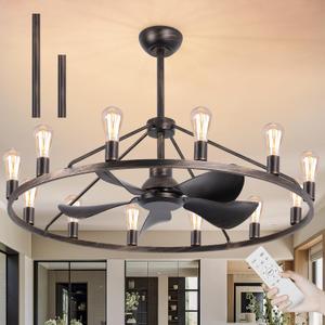 Farmhouse Ceiling Fan With Light,12 Light Farmhouse Ceiling Fans With Remote,44 Inches Large Wagon Wheel Chandelier Fan For Modern Country Kitchen, Rustic Dining Table-Bronze (Black brush gold)