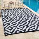 FH Home Outdoor Camping Rug - Waterproof, Fade Resistant, Reversible - Premium Recycled Plastic - Geometric - Large Patio, Deck, Sunroom, RV - Aztec - Black & White - 9 x 12 ft Foldable (9 ft x 12 ft, Azfd - Black - Foldable)
