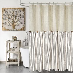 Farmhouse Shower Curtain,Beige and Brown Stripe,Button Curtain,Linen and Cotton Woven Fabric,Rustic Charm Country Chic Style,72x72 in