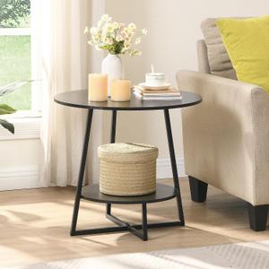 D&H FURNIMMT 20" Living Room Side Table for Small Spaces, 2 Tier Wood Top Round End Tables with Storage Shelf, Accent Sofa Table for Bedroom, Office, Sunroom, Balcony, Black, Large End Table