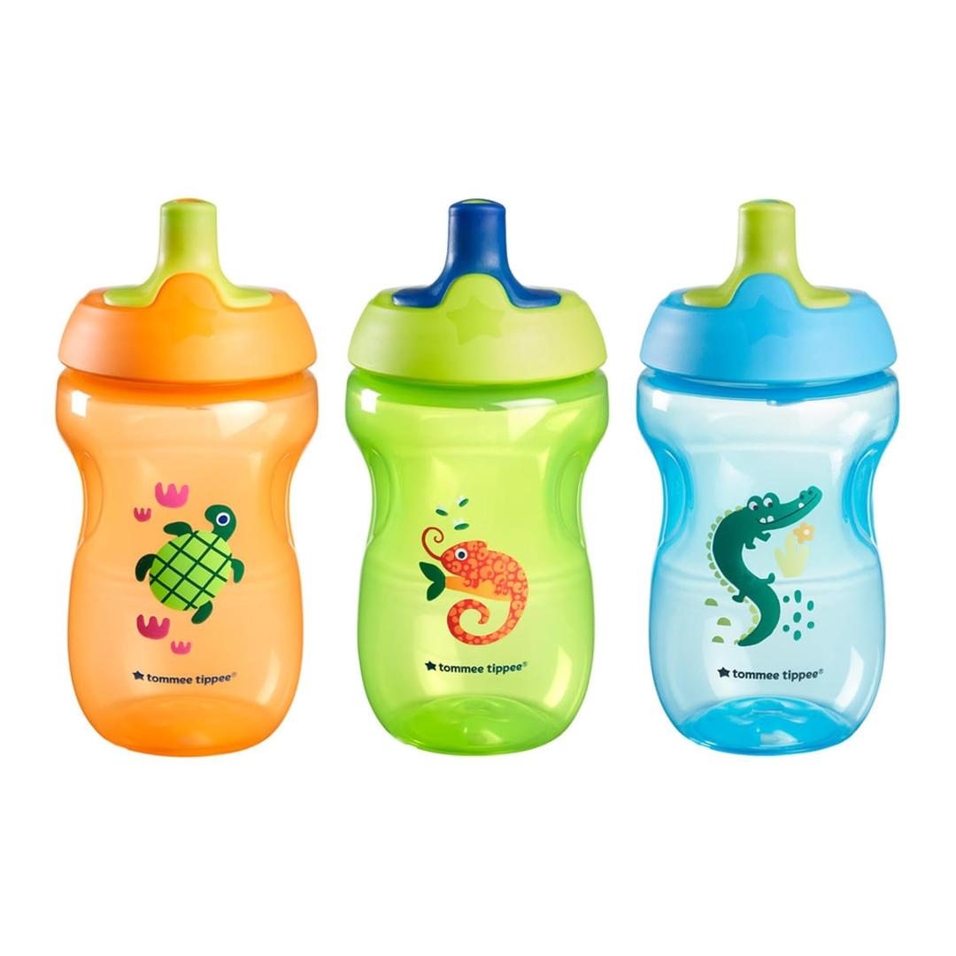 Tommee Tippee Sportee Water Bottle, for 12m+, 10oz, Pack of 3 Non-Spill Sippy Cups for Toddlers, Orange, Green and Blue, with Bite-Resistant Spout, Easy-Hold and BPA Free | for 12m+, Non-Spill, Sippy Cups, for Toddlers, Easy-Hold (Small)