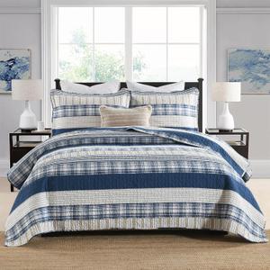 Homzard Queen Size Comforter Set - Blue White Tan Striped Queen Quilt Set,Plaid Striped Bedding Quilt, Farmhouse Bedspread Queen Size, Lightweight Bedding Quilts 3 Pieces All Season (Queen (90"x98"))