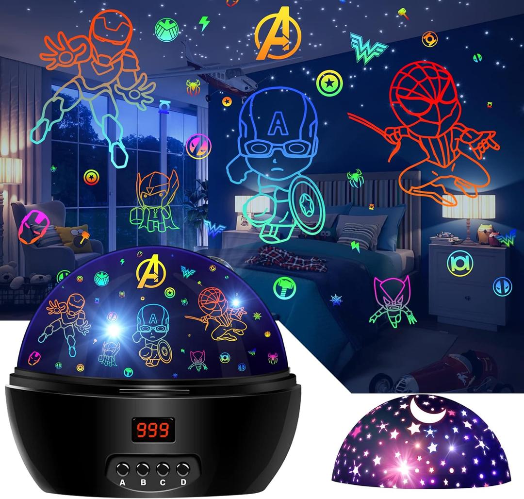 Kid Light Projector Superhero Toys for Boys 5-7 Avengers Night Light Projector with Timer for Kids Room, 360 Degree Rotation Toddler Nightlights with Spiderman Figurine Star Lamps (Black)