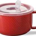 Soup Bowl with Handle & Lid: 38 oz Extra Large Ceramic Food Container for Ramen, Cereal, Breakfast, Meal Prep, Office Lunch, Dorm Living - Microwave Safe, 6 Inch, Red
