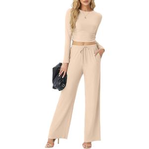 Women's Two Piece Outfits Lounge Sets Long Sleeve Ruched Top & Wide Leg High Waist Pants with pockets (Blue, XL)