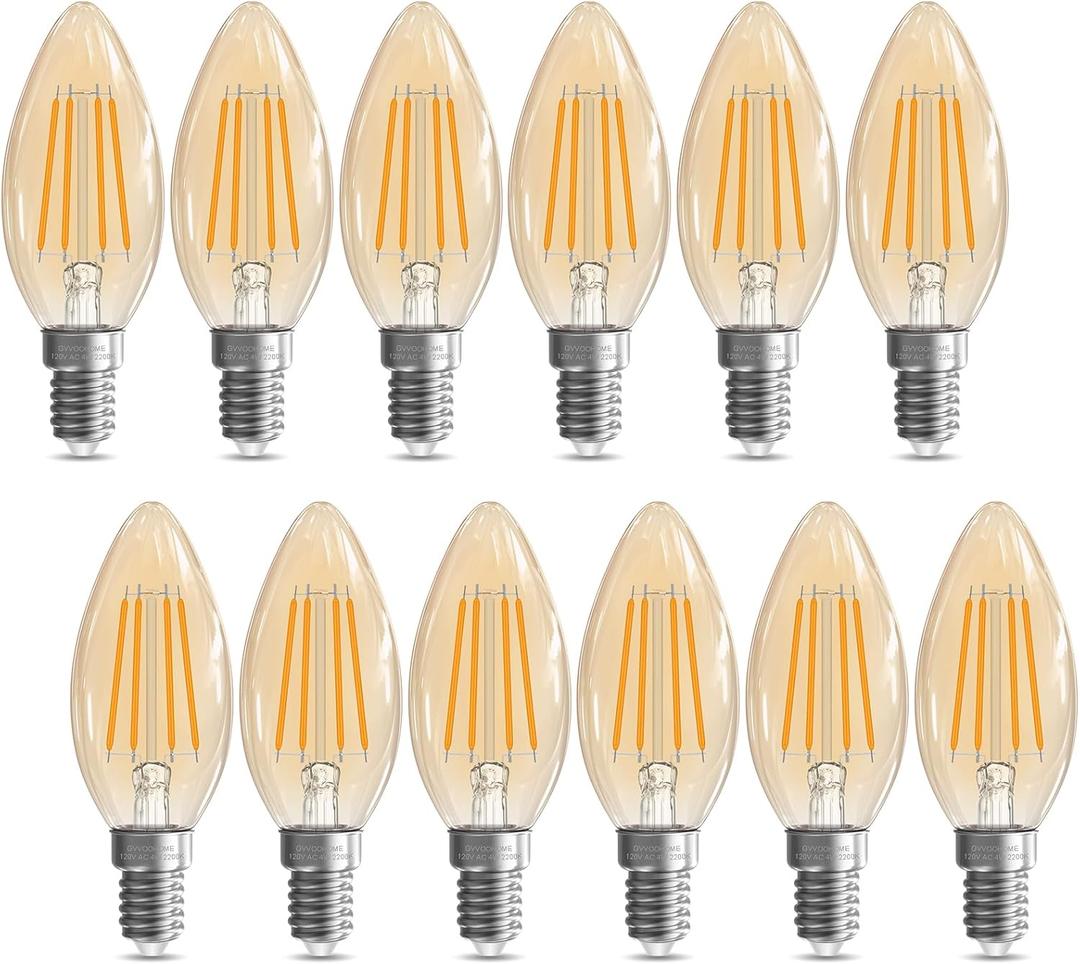 E12 Candelabra Bulb 40 watt Equivalent, B10 Candle Light Bulbs E12 LED Bulb Non-Dimmable Chandelier Bulbs, 2200K Amber Warm, 90+CRI, 400LM, Amber Glass Finish, 12 Pack