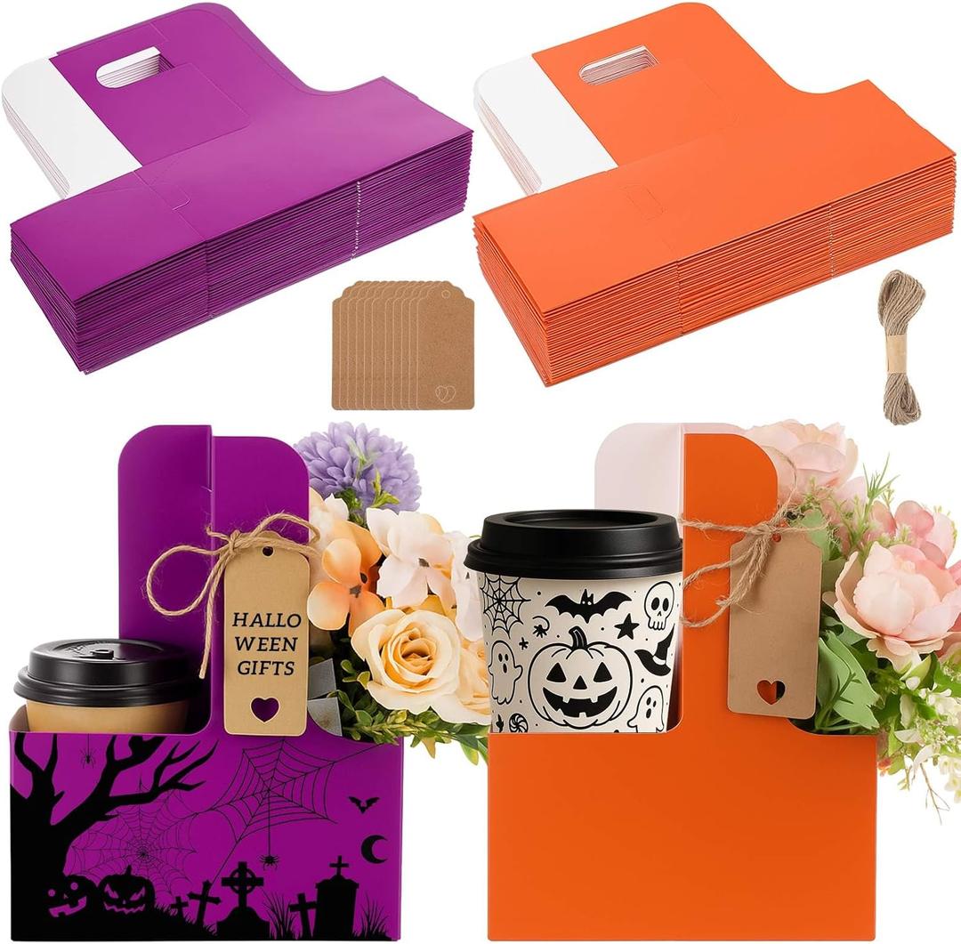 30 Set Halloween Coffee Cups Holder, Halloween Coffee Drink Carrier Supplies for 2/4 Cups, 12-30 oz Hot/cold Drinks Carriers Holder for Trick or Treat Spooky Party Decorations, Orange Purple Color