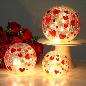 Rossesay 3 Pcs Valentine Lighted Decorative Glass Ball 3.9/4.7/5.9 Inch Heart Crackle LED Lights for Garden Red Pink Table Globe LED Lamp Battery Operated for Outdoor Indoor Party Decoration Gift (Cute)