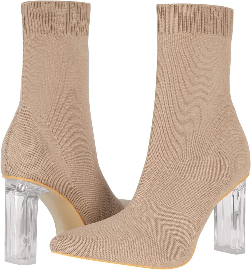 Shoe'N Tale Women's Knit Sock Ankle Boots Pointed Toe Clear Mid Heel Slip-on Stretch Booties Shoes (Brown)