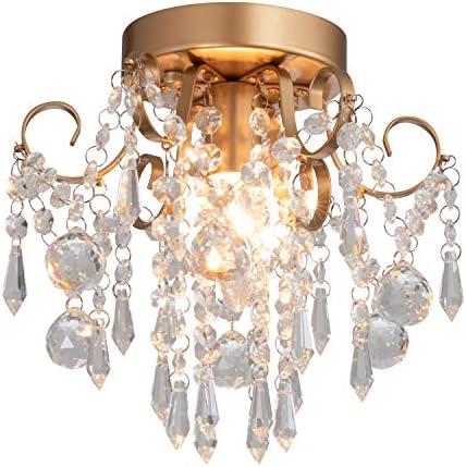 Q&S Mini Chandelier Crystal Ceiling Light,Small Flush Mount Gold Light Fixture for Entryway Bedroom Barthroom Hallway Closet E26
