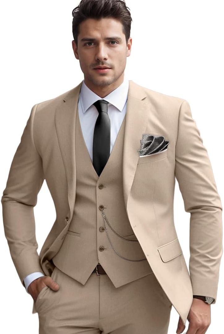 Men's Slim Fit Suit Set 3 Piece Suits for Men Regular Fit Solid Blazer for Business Wedding Prom with a Tie,Champagne,M Men's Slim Fit Suit Set 3 Piece Suits for Men Regular Fit Solid Blazer for Business Wedding Prom with a Tie,Champagne,M