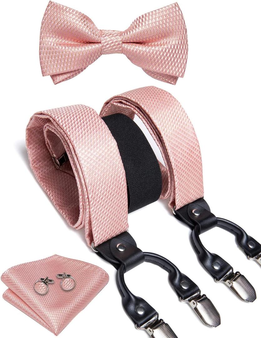 DiBanGu Paisley Bow Tie and Supenders for Men Tuxedo Heavy Duty 6 Clips Suspender Adjustable Y-Shape Mens Trouser Braces (01 Blush Pink)