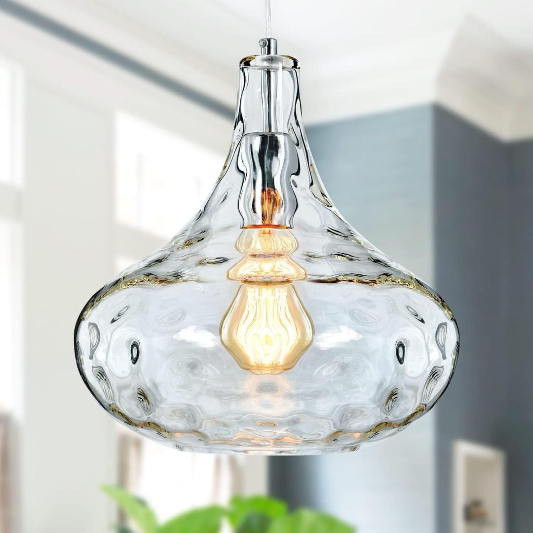 Farmhouse Vintage Glass Pendant Light with Handblown Hammered Shade - Adjustable Hanging Cord for Kitchen Island, Dining Room, Hallway - 11 Inch Chrome Ceiling Fixture